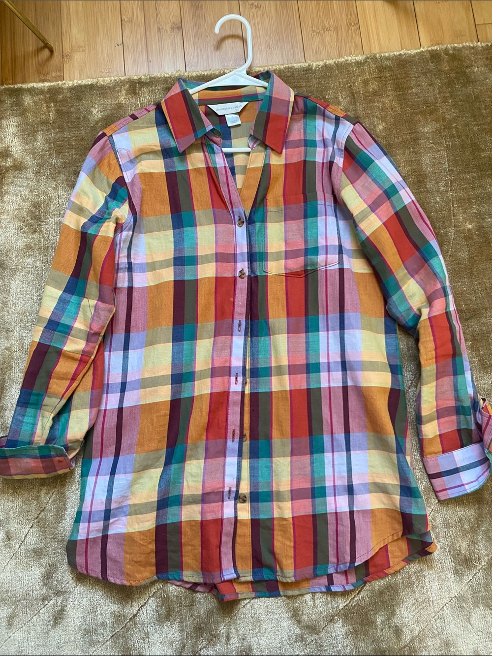 Christopher & Banks Multi-Color Plaid Shirt with Gold and Green Accents